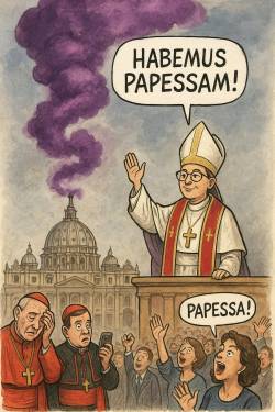 Habemus Papessam – Karikatur,  (OpenAI DALL·E). © 2025